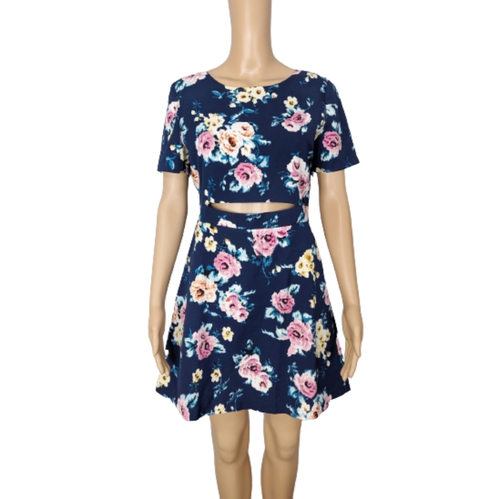 Umgee Blue Floral Cutout Open-Back Mini Dress M